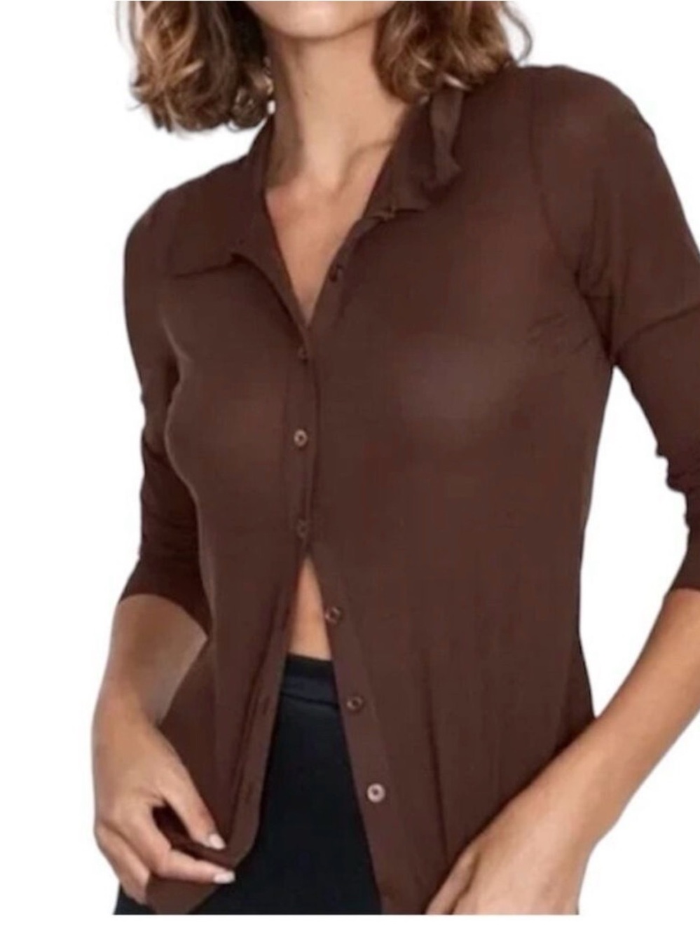 Aritzia Mesh Brown Long-Sleeve Button-Up Shirt